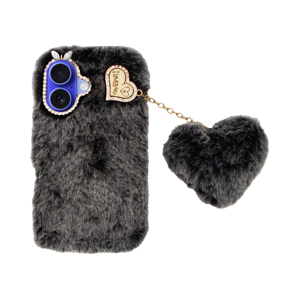 Vivid Fluffy Plush Caseβ Heart-shaped Chain Apple Iphone 16 Grey Black 5213015676015
