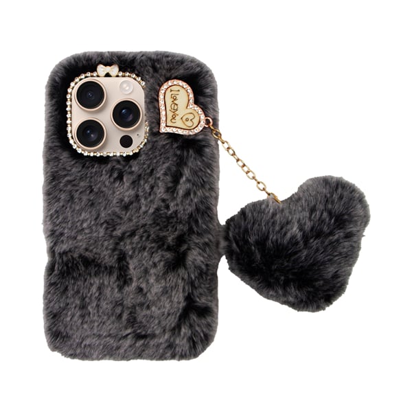 Vivid Fluffy Plush Caseβ Heart-shaped Chain Apple Iphone 16 Pro Grey Black 5213015676039