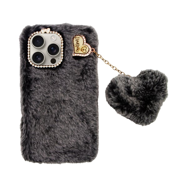 Vivid Fluffy Plush Caseβ Heart-shaped Chain Apple Iphone 16 Pro Max Grey Black 5213015676046