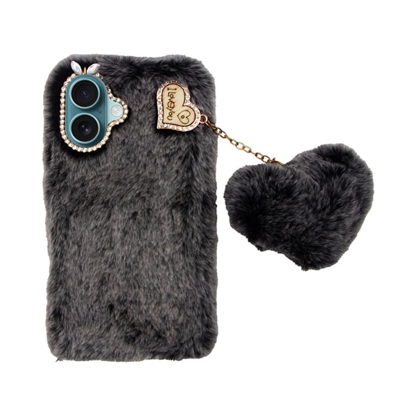 Vivid Fluffy Plush Caseβ Heart-shaped Chain Apple Iphone 16 Plus Grey Black 5213015676022