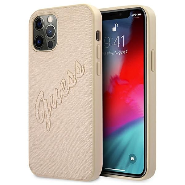 Guess Saffiano Vintage Script Back Cover Δερματίνης / Πλαστικό Χρυσό (iPhone 12 / 12 Pro)