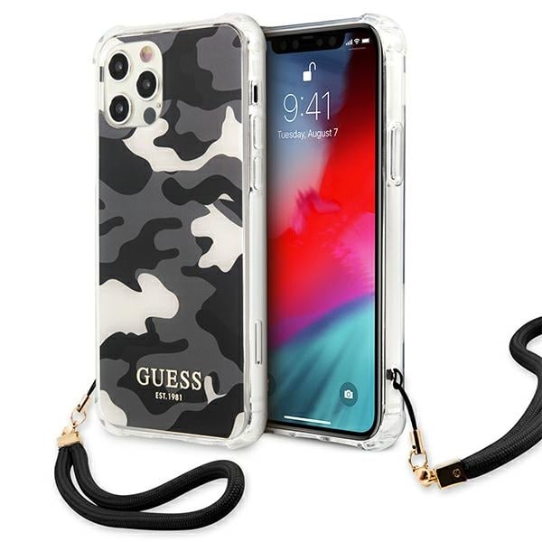 Guess Camo Back Cover Πλαστικό με Λουράκι Μαύρο (iPhone 12 / 12 Pro)
