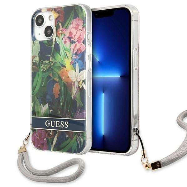 Guess Flower Strap Back Cover Πλαστικό / Σιλικόνης με Λουράκι Γαλάζιο (iPhone 13 mini)