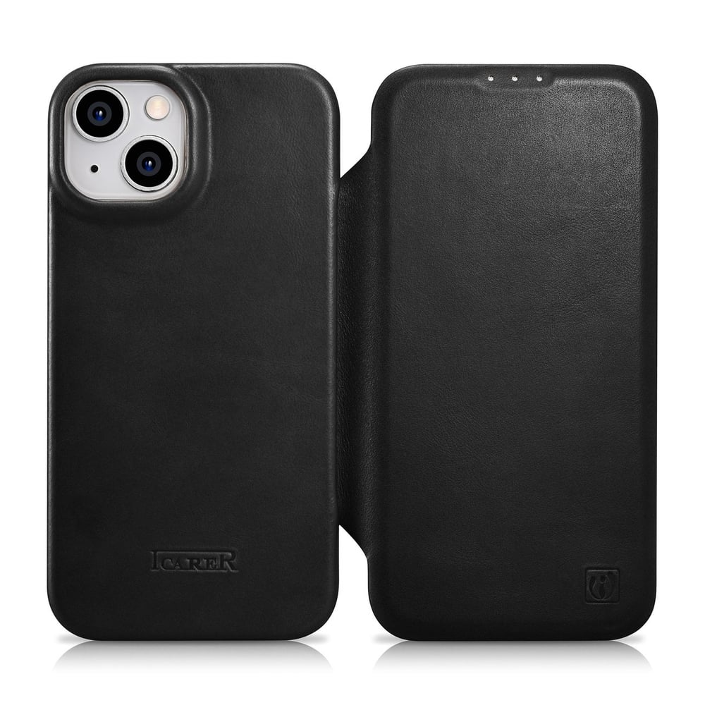 iCarer CE Oil Wax Premium Leather Folio Book Δερμάτινο Μαύρο (iPhone 14 Plus)
