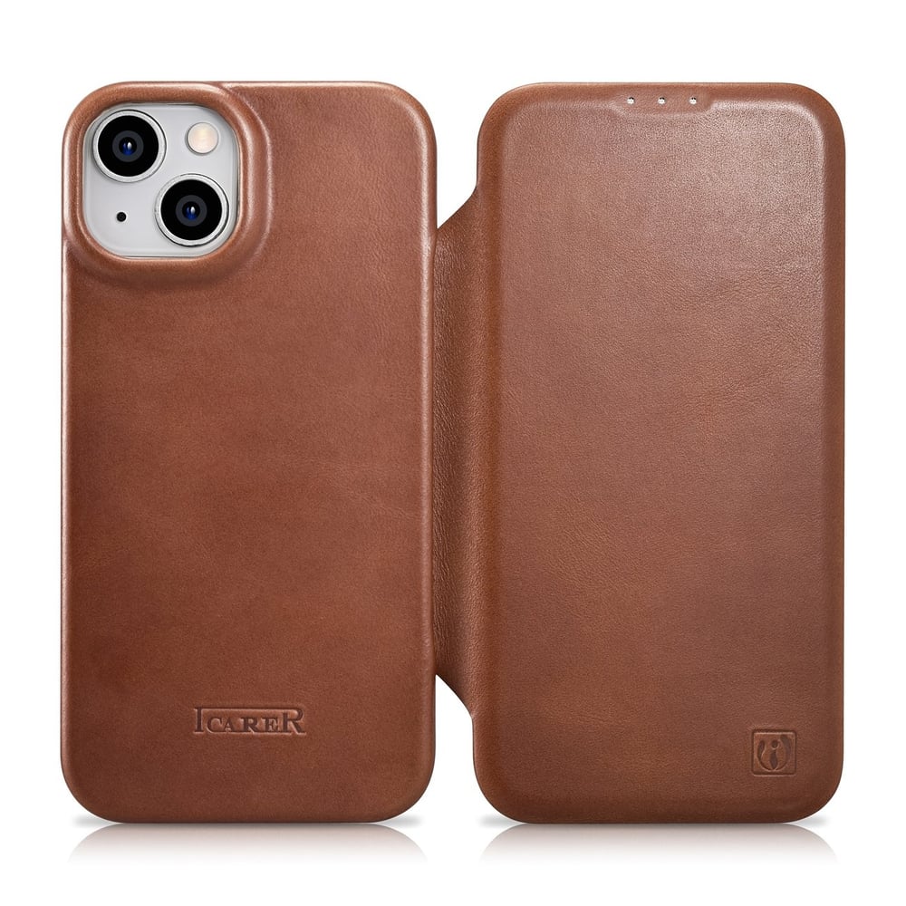 iCarer CE Oil Wax Premium Leather Folio Book Δερμάτινο Καφέ (iPhone 14 Plus)
