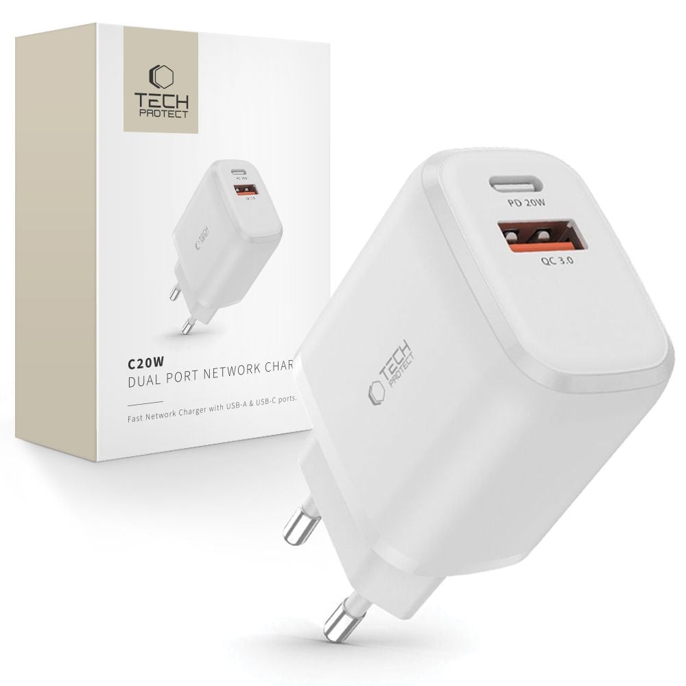 Tech-Protect Φορτιστής Χωρίς Καλώδιο με Θύρα USB-A και Θύρα USB-C 20W Power Delivery / Quick Charge 3.0 Λευκός (C20W)