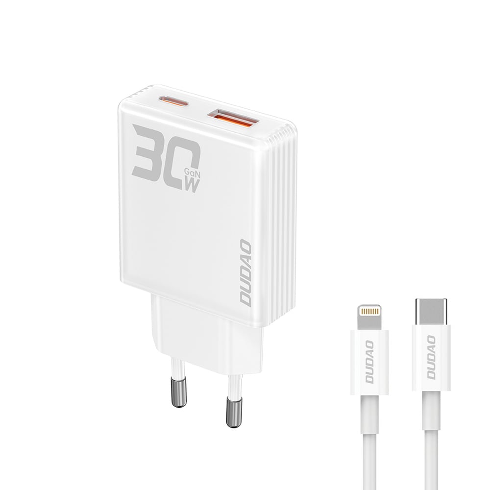 Dudao Φορτιστής GaN με Θύρα USB-A και Θύρα USB-C και Καλώδιο USB-C - Lightning 30W Power Delivery / Quick Charge 3.0 Λευκός