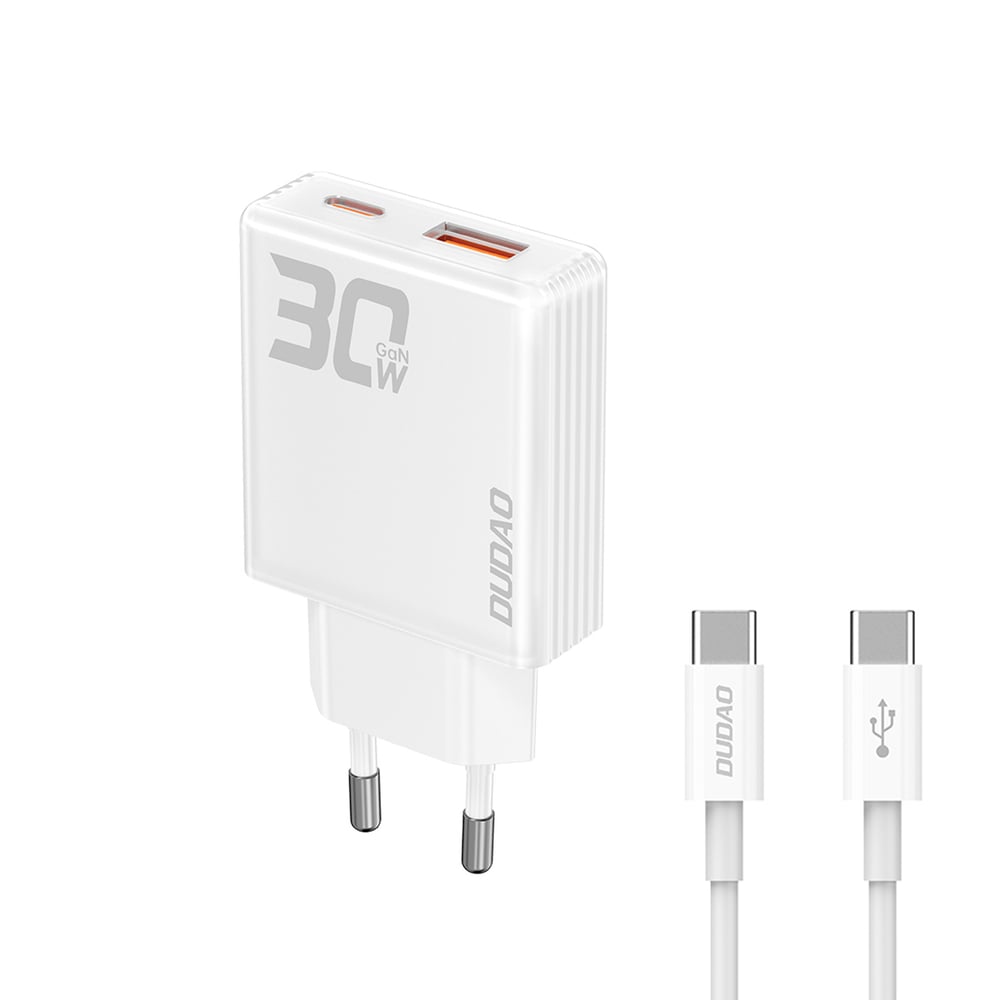 Dudao Φορτιστής GaN με Θύρα USB-C και Καλώδιο USB-C - USB-C 30W Power Delivery / Quick Charge 3.0 Λευκός