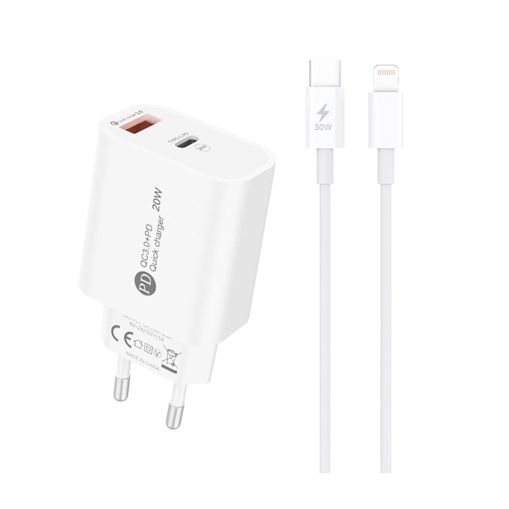 Hurtel Φορτιστής με Θύρα USB-A και Θύρα USB-C και Καλώδιο USB-C - Lightning 20W Power Delivery / Quick Charge 3.0 Λευκός (A6MaxL)