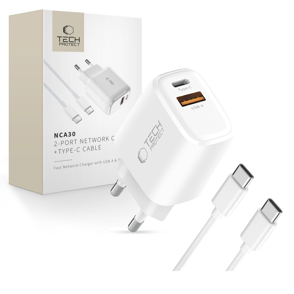 Tech-Protect Φορτιστής με Θύρα USB-A και Θύρα USB-C και Καλώδιο USB-C - USB-C 30W Power Delivery / Quick Charge 3.0 Λευκός (NCA30)