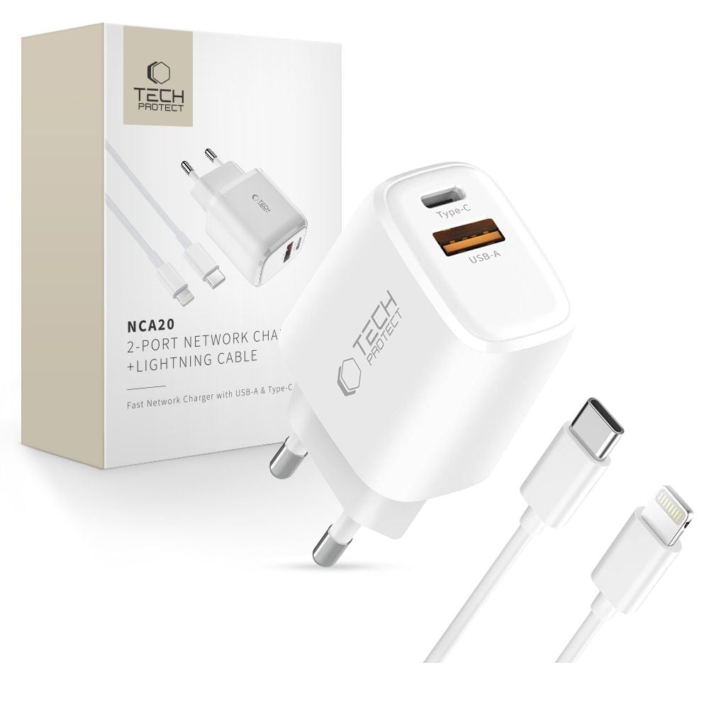 Tech-Protect Φορτιστής με Θύρα USB-A και Θύρα USB-C και Καλώδιο USB-C - Lightning 20W Power Delivery / Quick Charge 3.0 Λευκός (NCA20)