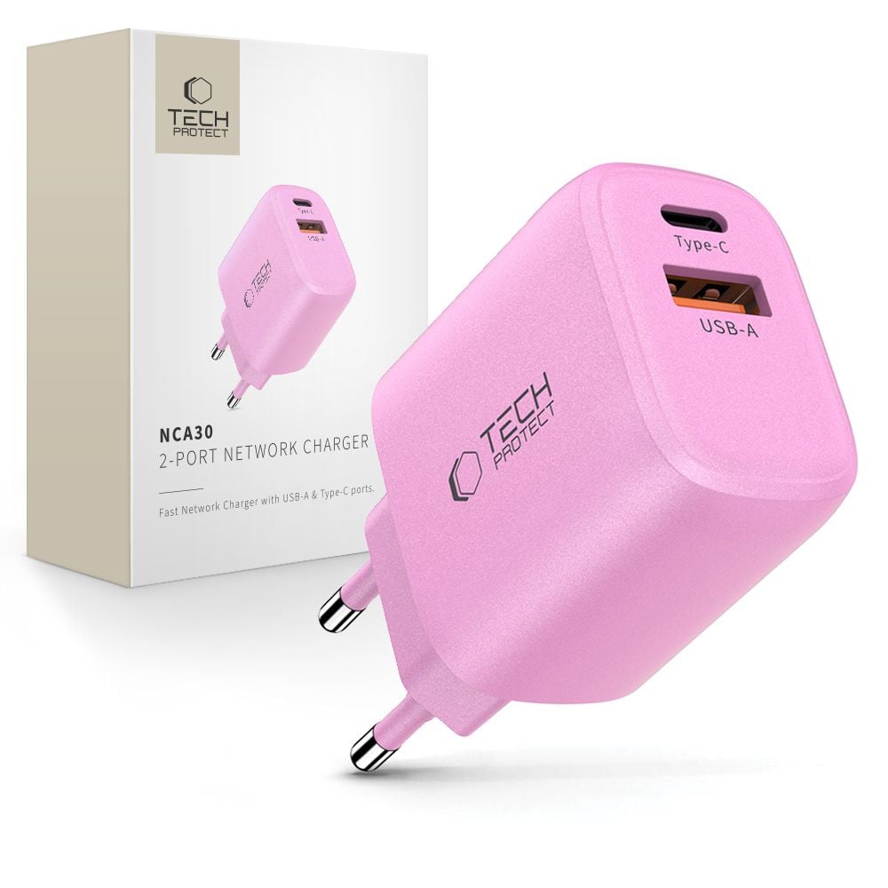 Tech-Protect Φορτιστής Χωρίς Καλώδιο με Θύρα USB-A και Θύρα USB-C 30W Power Delivery / Quick Charge 3.0 Ροζ (NCA30)