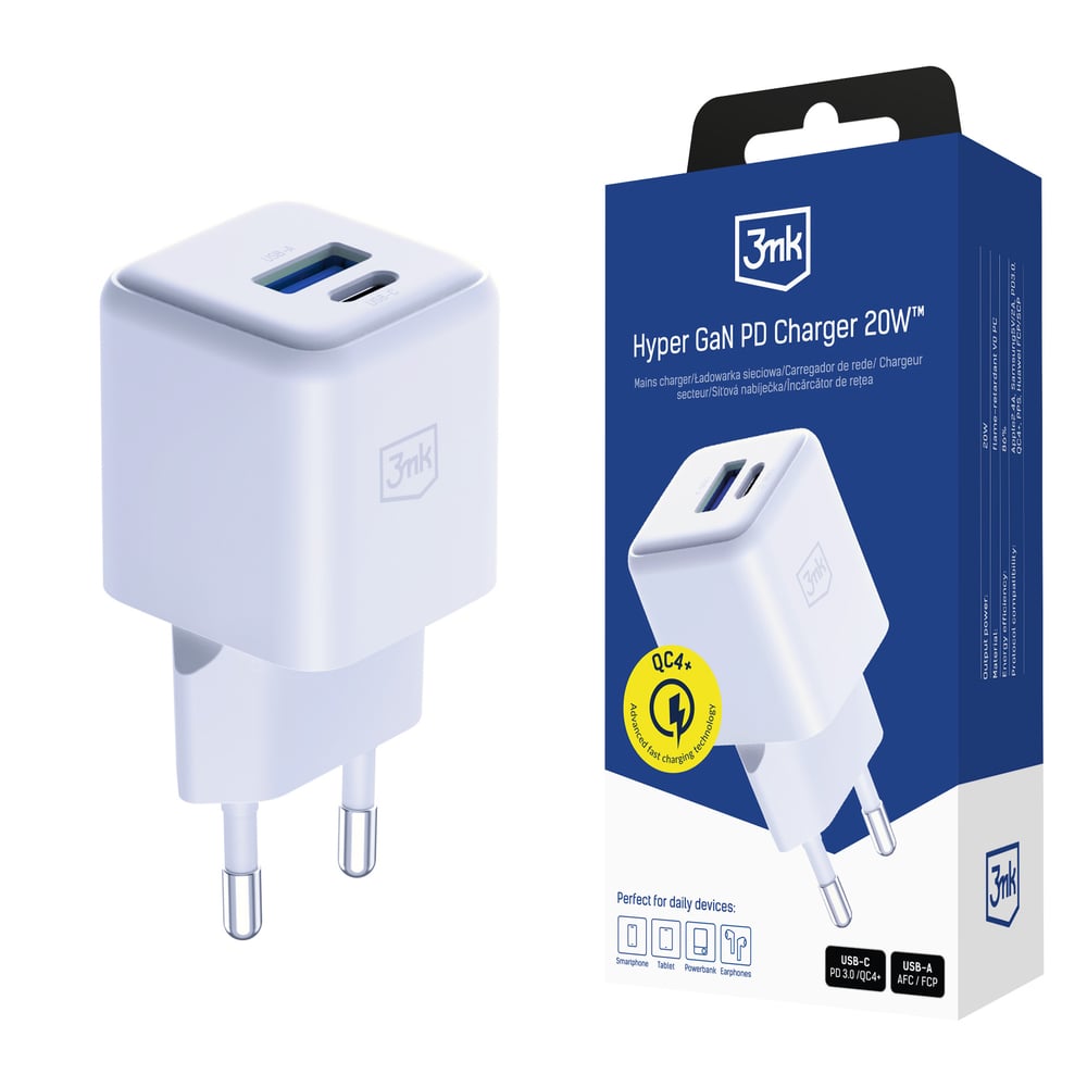 3MK Φορτιστής Χωρίς Καλώδιο GaN με Θύρα USB-A και Θύρα USB-C 20W Power Delivery / Quick Charge 4+ Λευκός (Hyper)