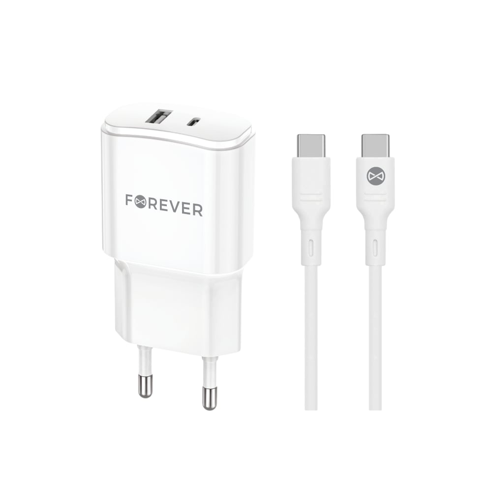 Forever Φορτιστής με Θύρα USB-A και Θύρα USB-C και Καλώδιο USB-C - USB-C 20W Power Delivery Λευκός (TC-01-20AC)