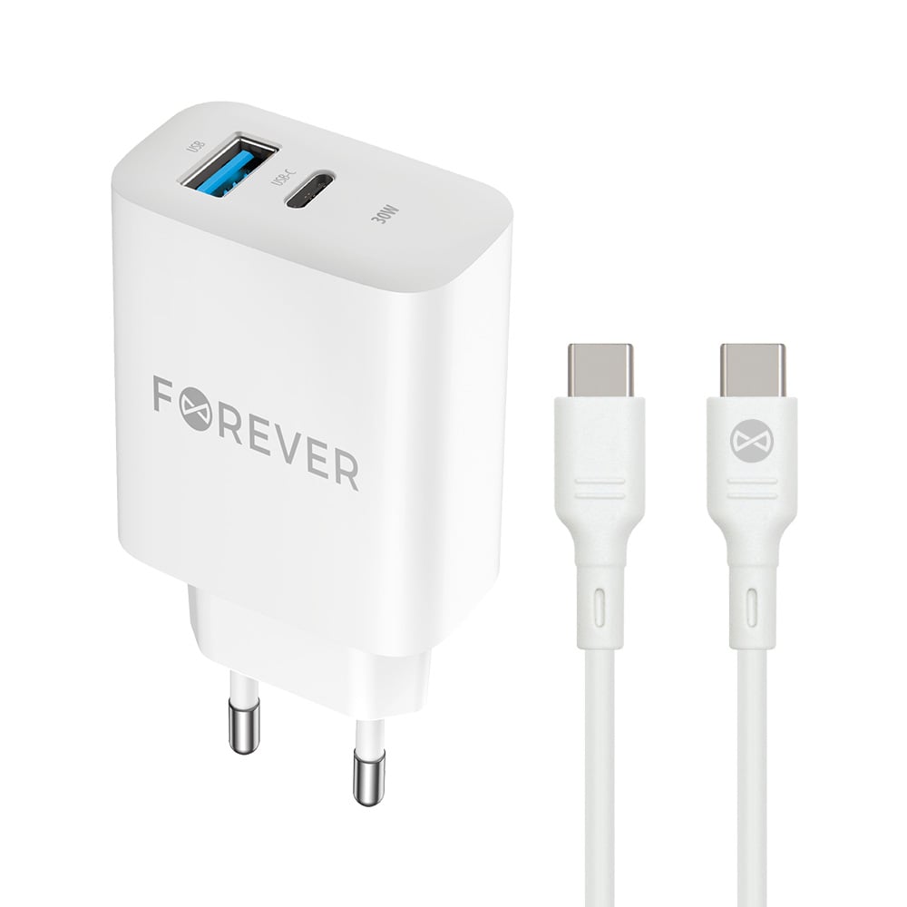 Forever Φορτιστής με Θύρα USB-A και Θύρα USB-C και Καλώδιο USB-C - USB-C 30W Power Delivery / Quick Charge 3.0 Λευκός (TC-07)