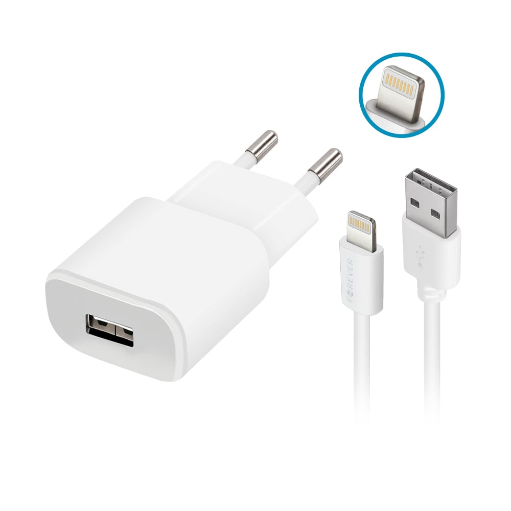 Forever Φορτιστής με Θύρα USB-A και Καλώδιο Lightning Λευκός (TC-01)