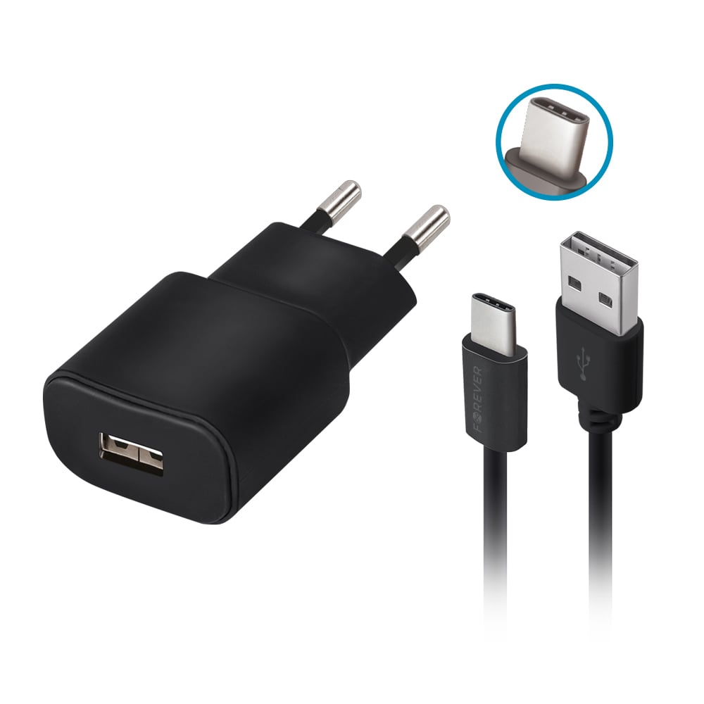 Forever Φορτιστής με Θύρα USB-A και Καλώδιο USB-C Μαύρος (TC-01)