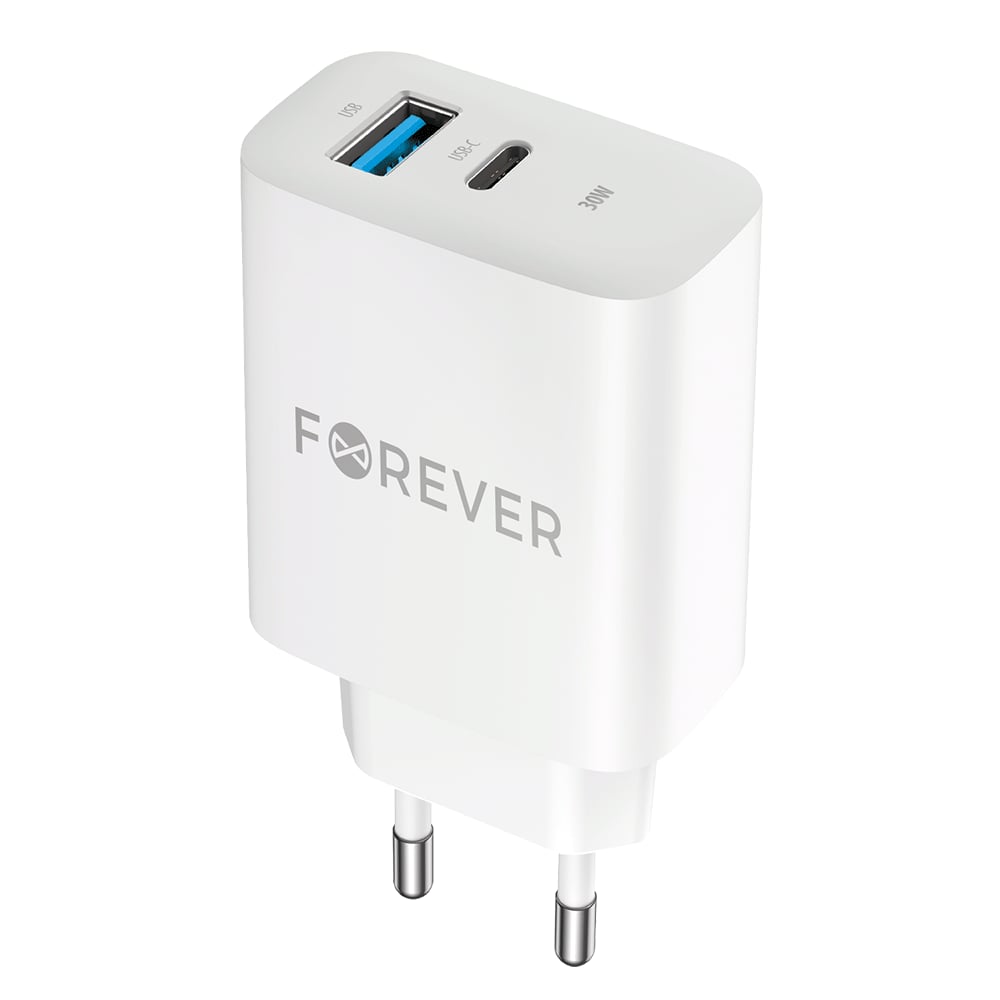 Forever Φορτιστής Χωρίς Καλώδιο με Θύρα USB-A και Θύρα USB-C 30W Power Delivery / Quick Charge 3.0 Λευκός (TC-07)