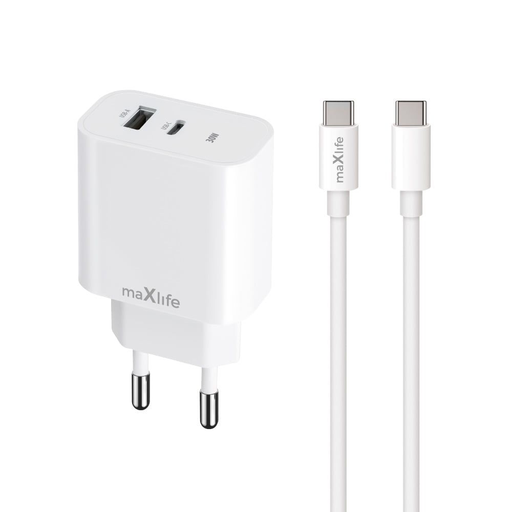 Maxlife Φορτιστής με Θύρα USB-A και Θύρα USB-C και Καλώδιο USB-C - USB-C 30W Power Delivery Λευκός (MXTC-06-30AC)