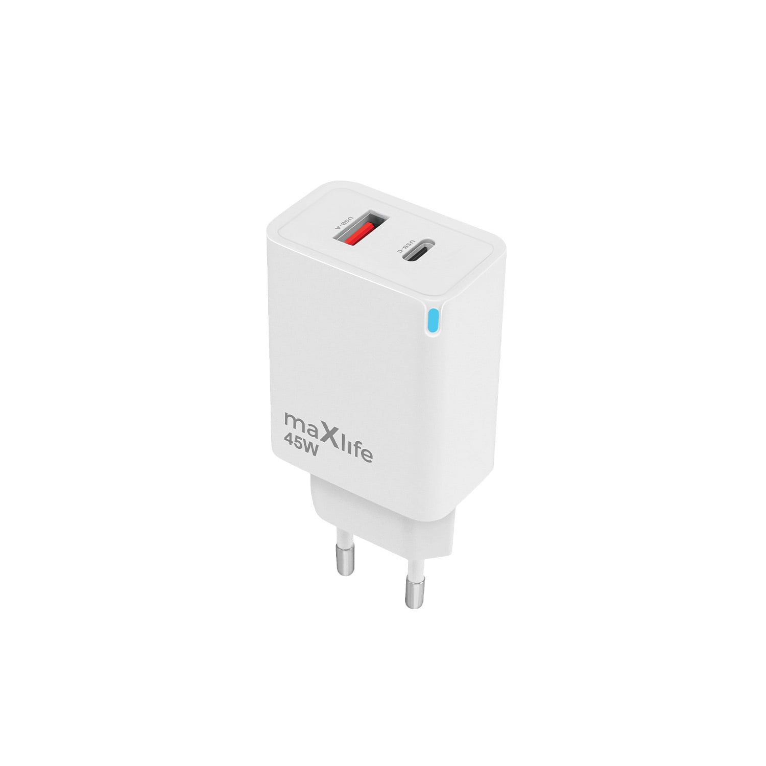 Maxlife Φορτιστής Χωρίς Καλώδιο GaN με Θύρα USB-A και Θύρα USB-C 45W Power Delivery Λευκός (MXTC-09-45AC)