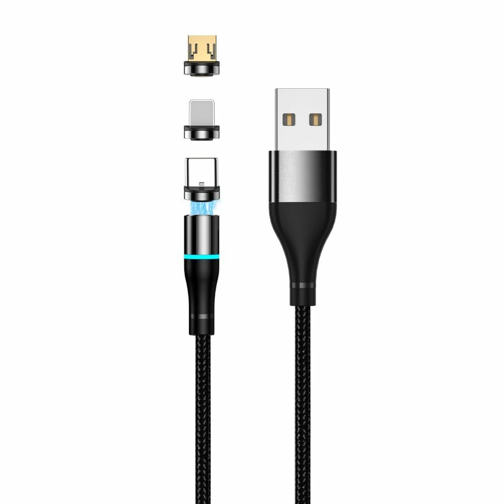 Magnetic USB to micro USB / Type-C / Lightning Cable 2A Μαύρο 1m