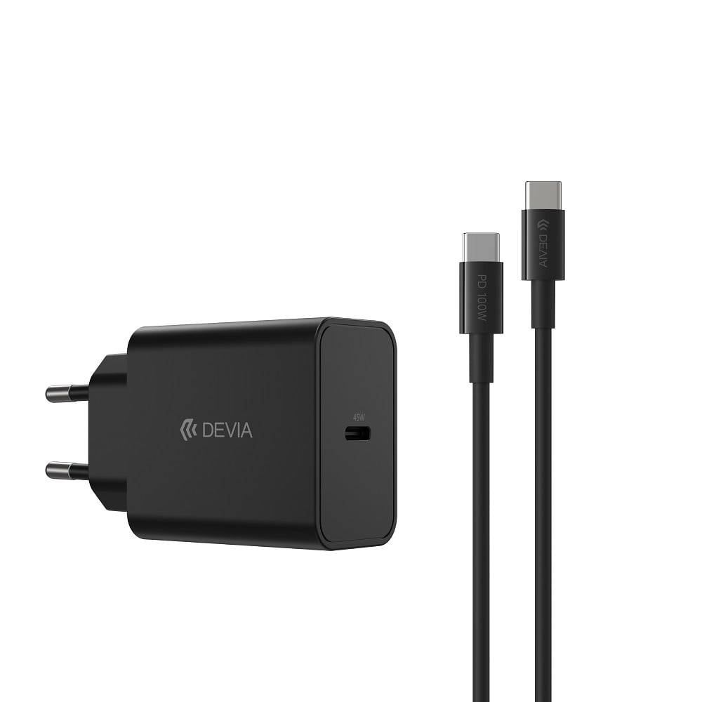 Devia Φορτιστής με Θύρα USB-C και Καλώδιο USB-C - USB-C 45W Power Delivery Μαύρος (Rocket Series)