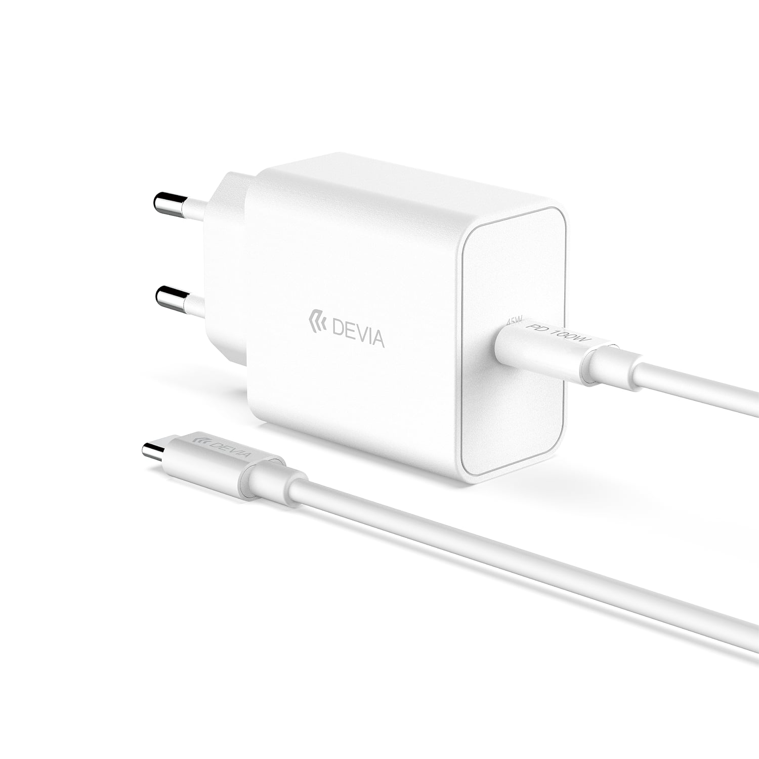 Devia Φορτιστής με Θύρα USB-C και Καλώδιο USB-C - USB-C 45W Power Delivery Λευκός (Rocket Series)