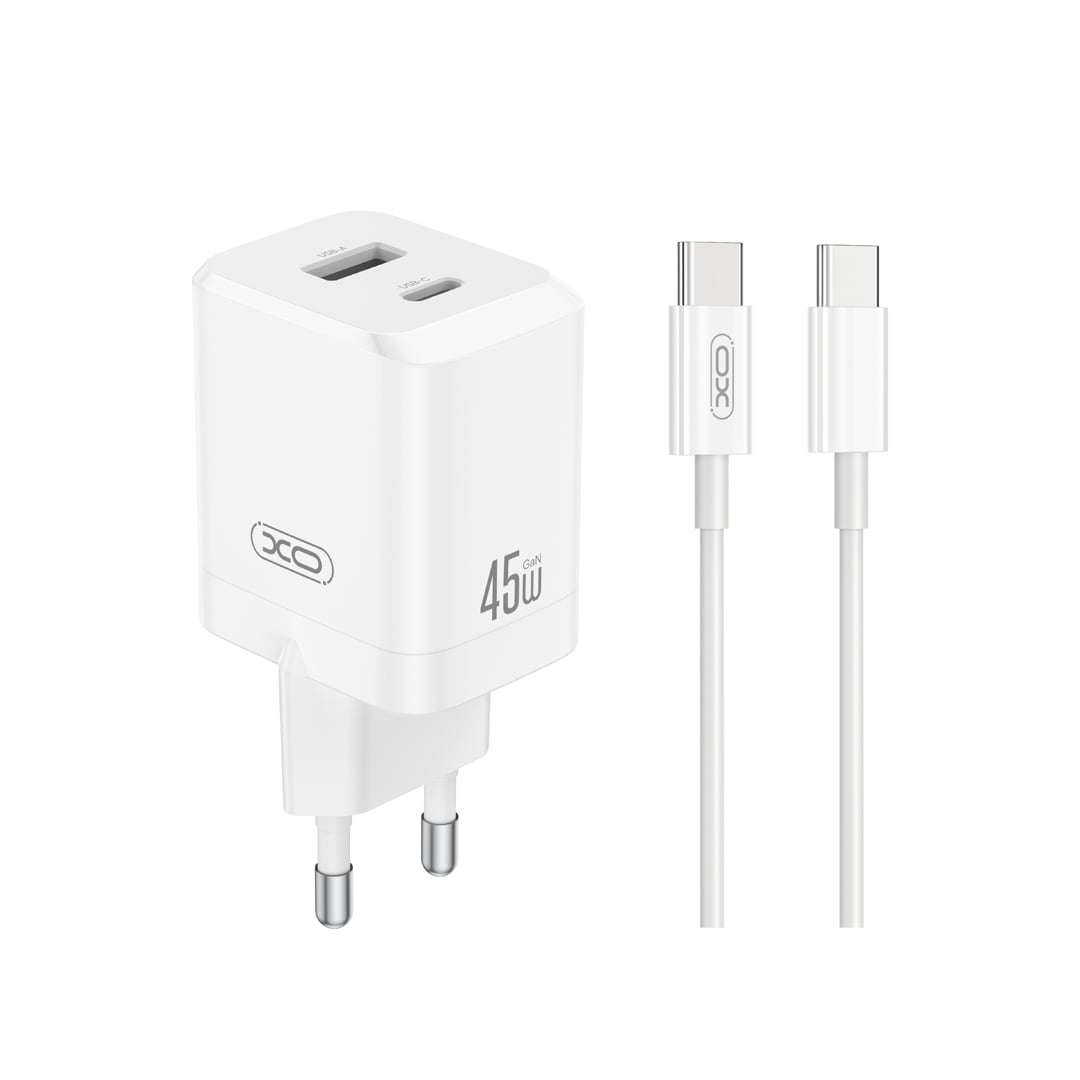 XO Φορτιστής GaN με Θύρα USB-A και Θύρα USB-C και Καλώδιο USB-C - USB-C 45W Power Delivery / Quick Charge 3.0 Λευκός (CE36)