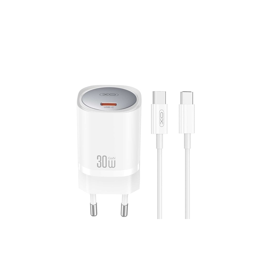 XO Φορτιστής GaN με Θύρα USB-C και Καλώδιο USB-C - USB-C 30W Power Delivery Λευκός (CE20)
