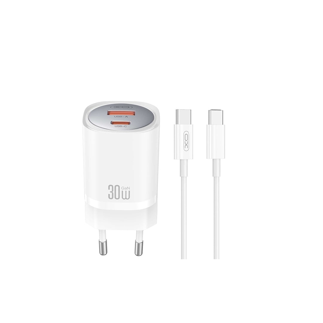 XO Φορτιστής με Θύρα USB-A και Θύρα USB-C και Καλώδιο USB-C - USB-C 30W Power Delivery Λευκός (CE21)