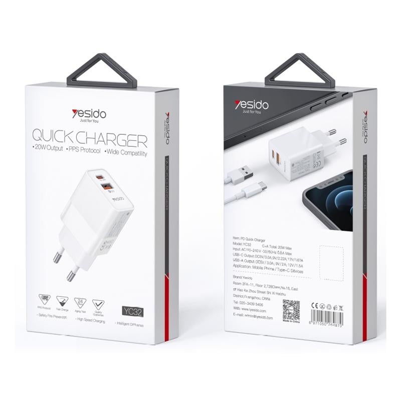 Yesido Φορτιστής Χωρίς Καλώδιο 20W Quick Charge 3.0 Λευκός (YC32)