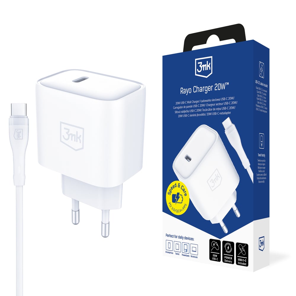 3MK Φορτιστής με Θύρα USB-C και Καλώδιο USB-C - USB-C 20W Power Delivery Λευκός (Rayo)