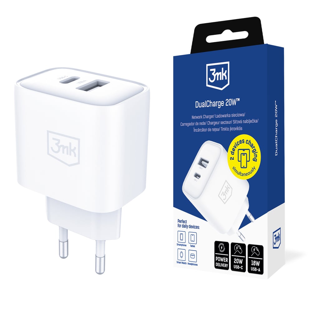 3MK Φορτιστής Χωρίς Καλώδιο με Θύρα USB-A και Θύρα USB-C 20W Quick Charge 3.0 Λευκός (Dualcharge)