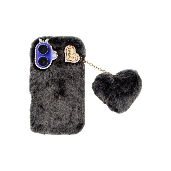 Vivid Fluffy Plush Caseβ Heart-shaped Chain Apple Iphone 16 Grey Black 5213015676015