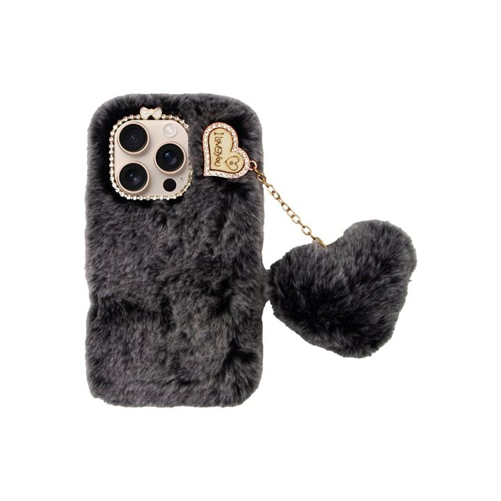 Vivid Fluffy Plush Caseβ Heart-shaped Chain Apple Iphone 16 Pro Grey Black 5213015676039