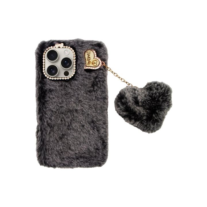 Vivid Fluffy Plush Caseβ Heart-shaped Chain Apple Iphone 16 Pro Max Grey Black 5213015676046