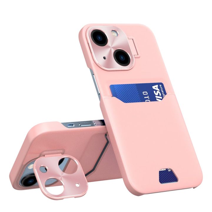 Hurtel Stand Case Back Cover Δερματίνης με Υποδοχή για Κάρτες Ροζ (iPhone 14 Plus)