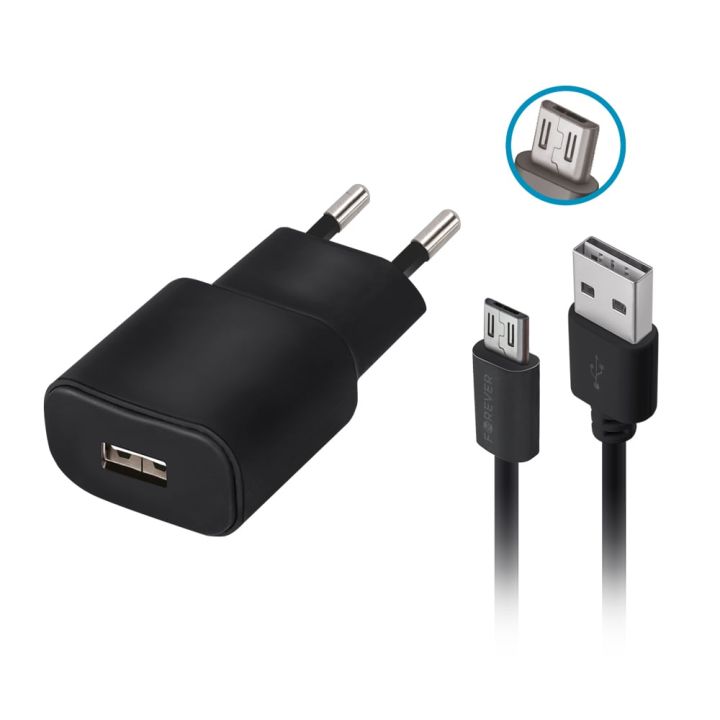 Forever Φορτιστής με Θύρα USB-A και Καλώδιο micro USB Μαύρος (TC-01)