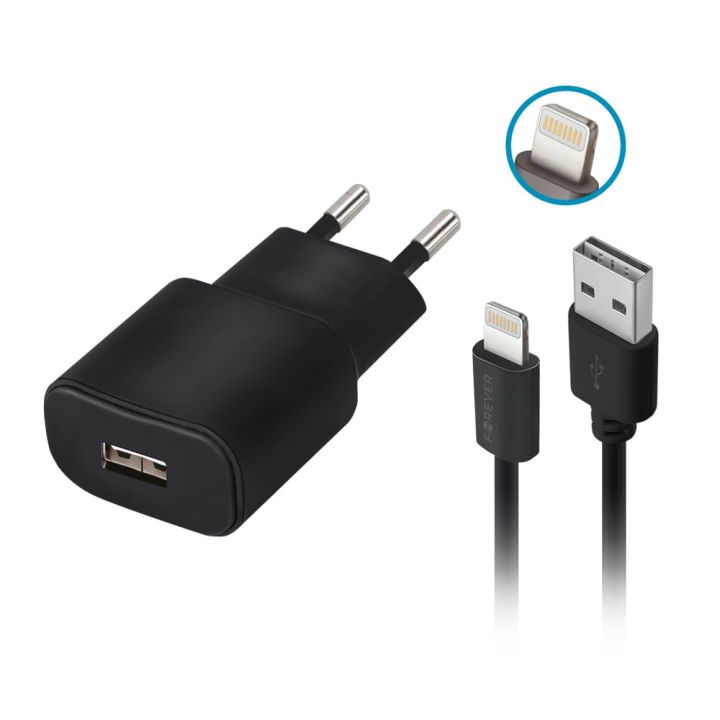 Forever Φορτιστής με Θύρα USB-A και Καλώδιο Lightning Μαύρος (TC-01)