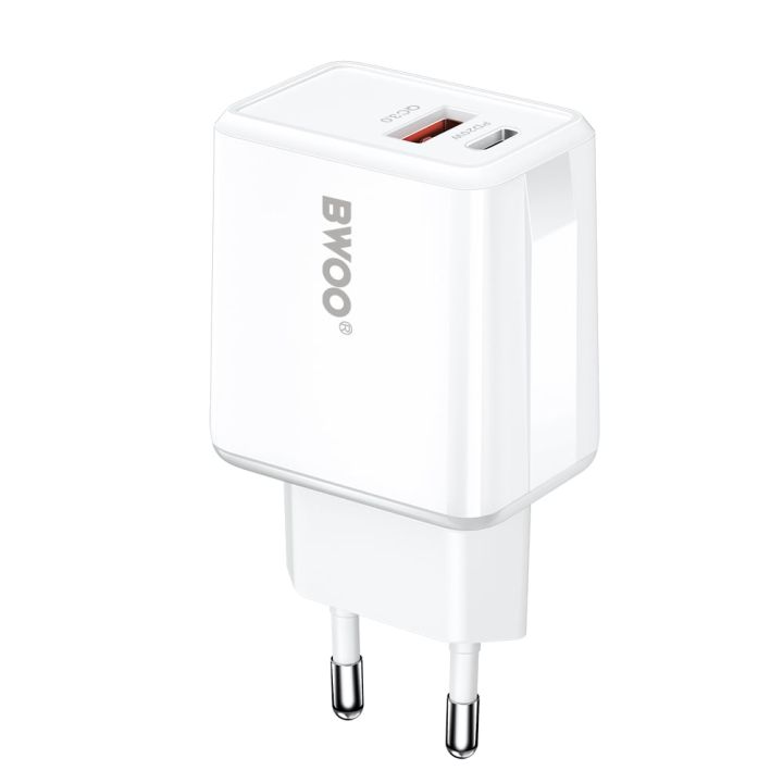 BWOO Φορτιστής Χωρίς Καλώδιο με Θύρα USB-A και Θύρα USB-C 20W Power Delivery Λευκός (BO-CDA182)