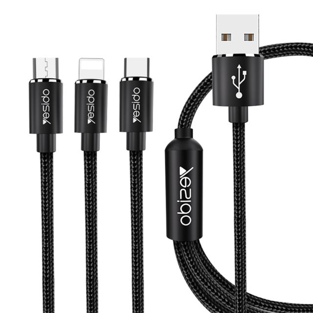 Yesido Data Cable (CA60)  3in1 USB to TypeC. Lightning. Micro USB. 60W. 3A. 1.2m  Black