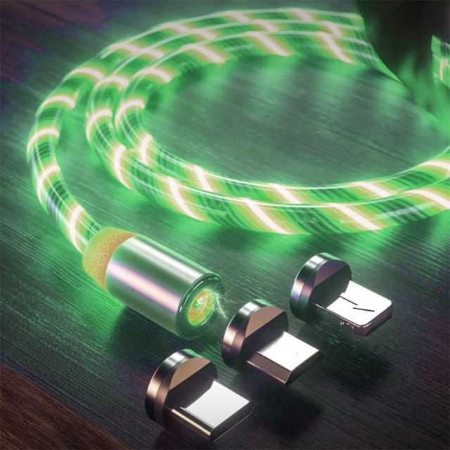 Techsuit Charging Cable 3in1 LED Flowing Magnetic USB to Type-C. Micro USB. Lightning. 1m Green
