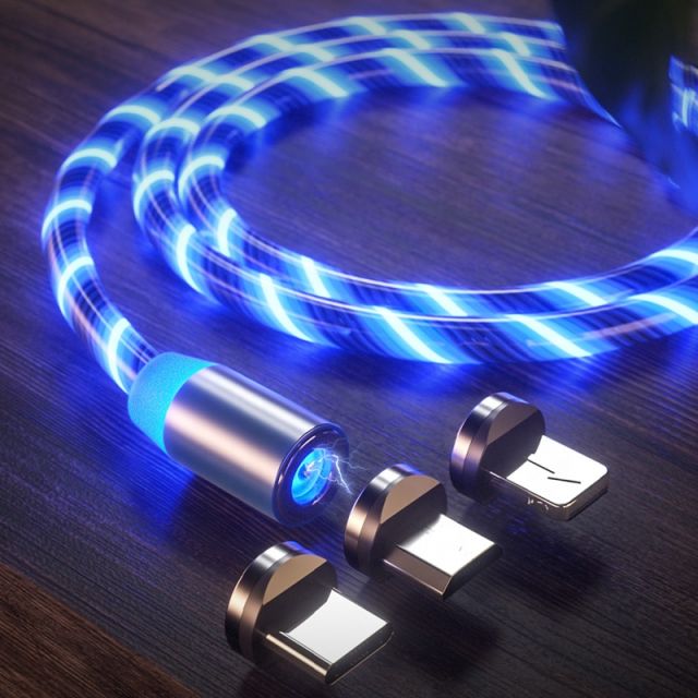 Techsuit Charging Cable 3in1 LED Flowing Magnetic USB to Type-C. Micro USB. Lightning. 1m Blue