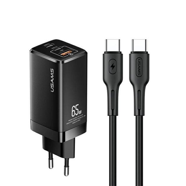 Usams Φορτιστής με Θύρα USB-A και 2 Θύρες USB-C και Καλώδιο USB-C 65W Power Delivery / Quick Charge 3.0 Μαύρος (MTXLOGTC01)