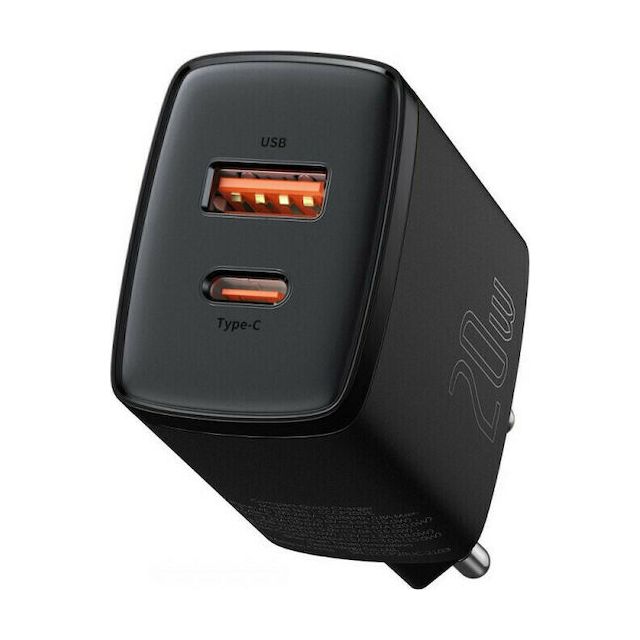 Baseus Φορτιστής Χωρίς Καλώδιο με Θύρα USB-A και Θύρα USB-C 20W Power Delivery / Quick Charge 3.0 Μαύρος (Compact)