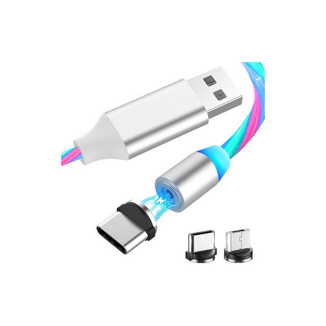 Techsuit Charging Cable 3in1 LED Flowing Magnetic USB to Type-C. Micro USB. Lightning. 1m White